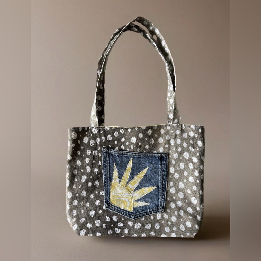 Chic Spotted Tote with Upcycled Jean Pocket- Sustainable Everyday Bag